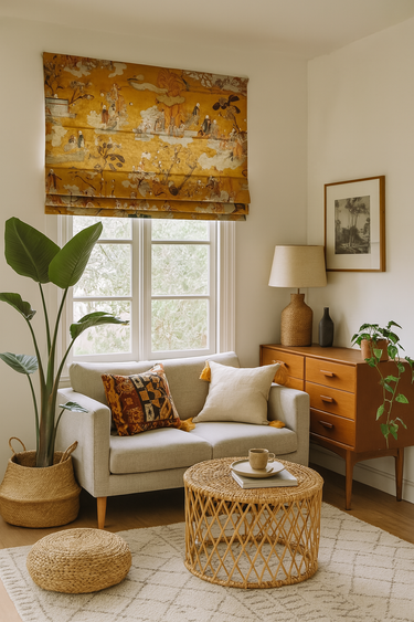 Modern living room with Roman blinds in yellow Oriental Toile fabric